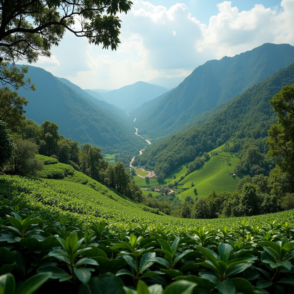 Coffee plants growing across a green mountain valley