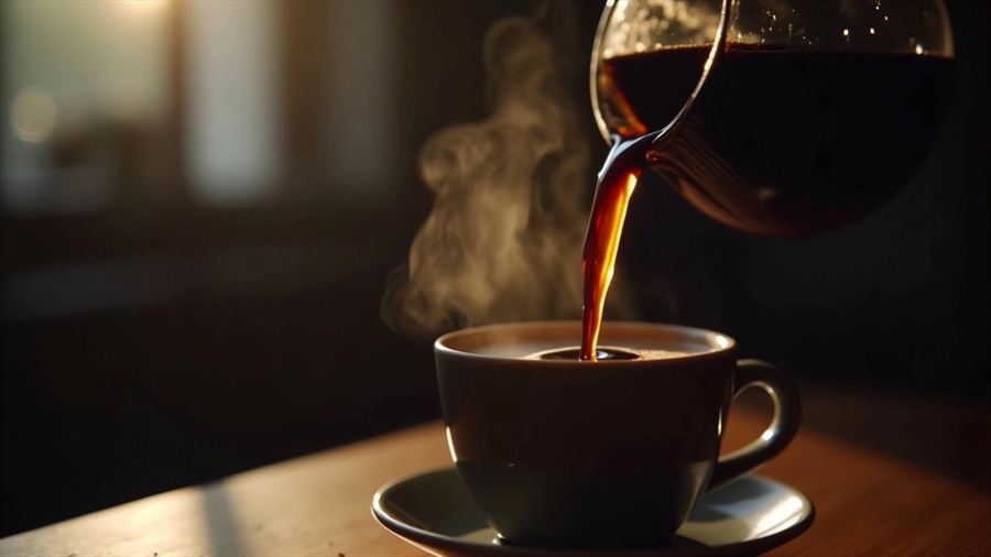 Dark roasted coffee being poured from a glass carafe