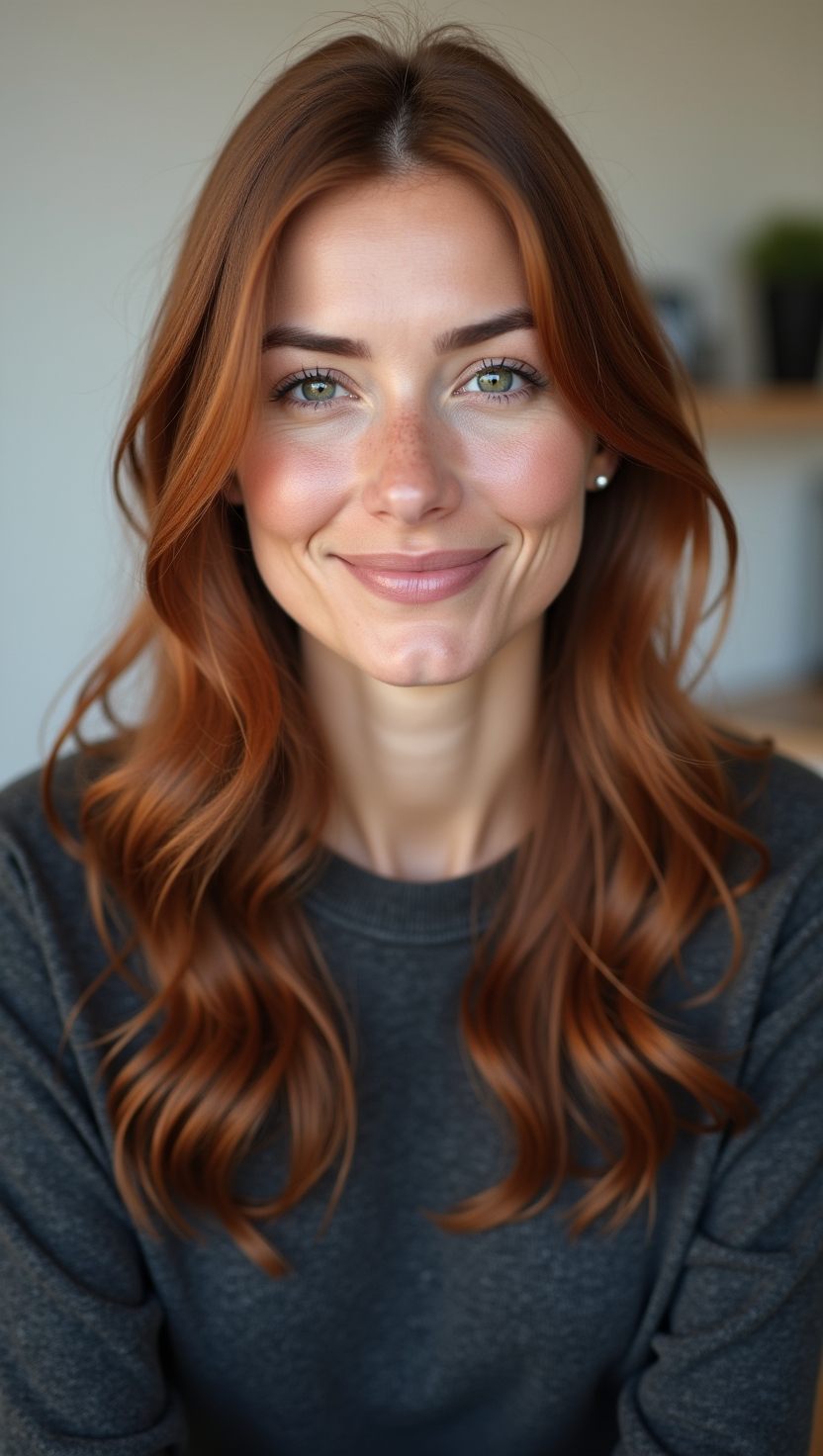 Photorealistic portrait of a smiling woman with auburn hair