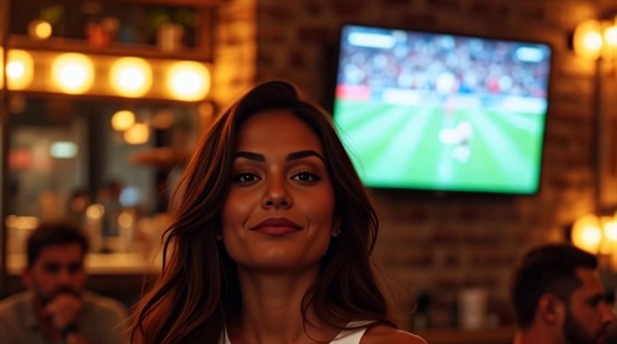 Two friends talking in a warmly lit sports bar